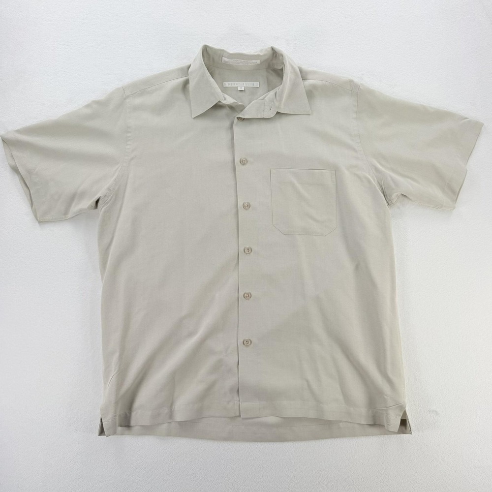 Perry Ellis Shirt Mens Medium Beige Camp Short Sleeve Rayon Button Up Casual
